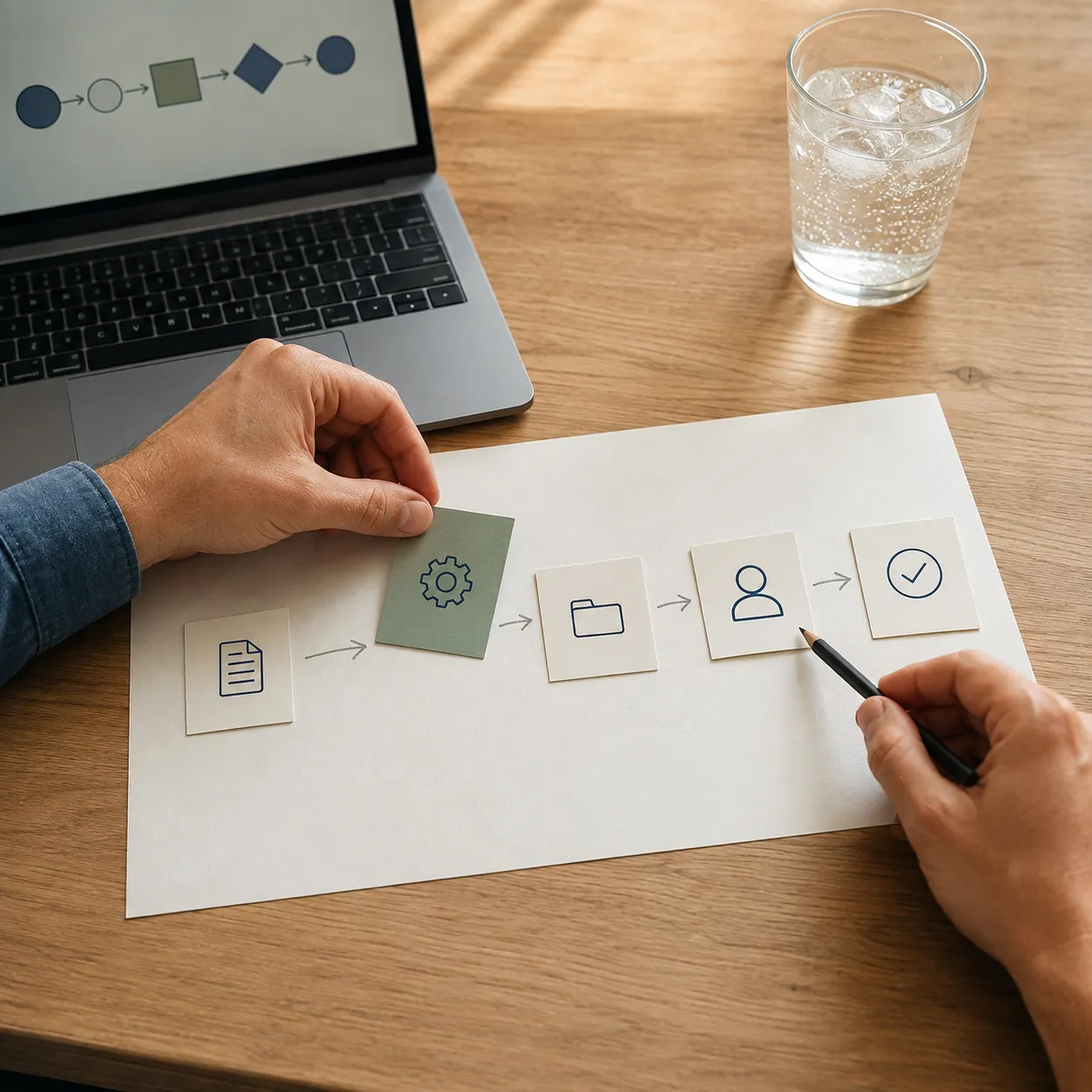 Hands arranging a paper workflow beside a laptop