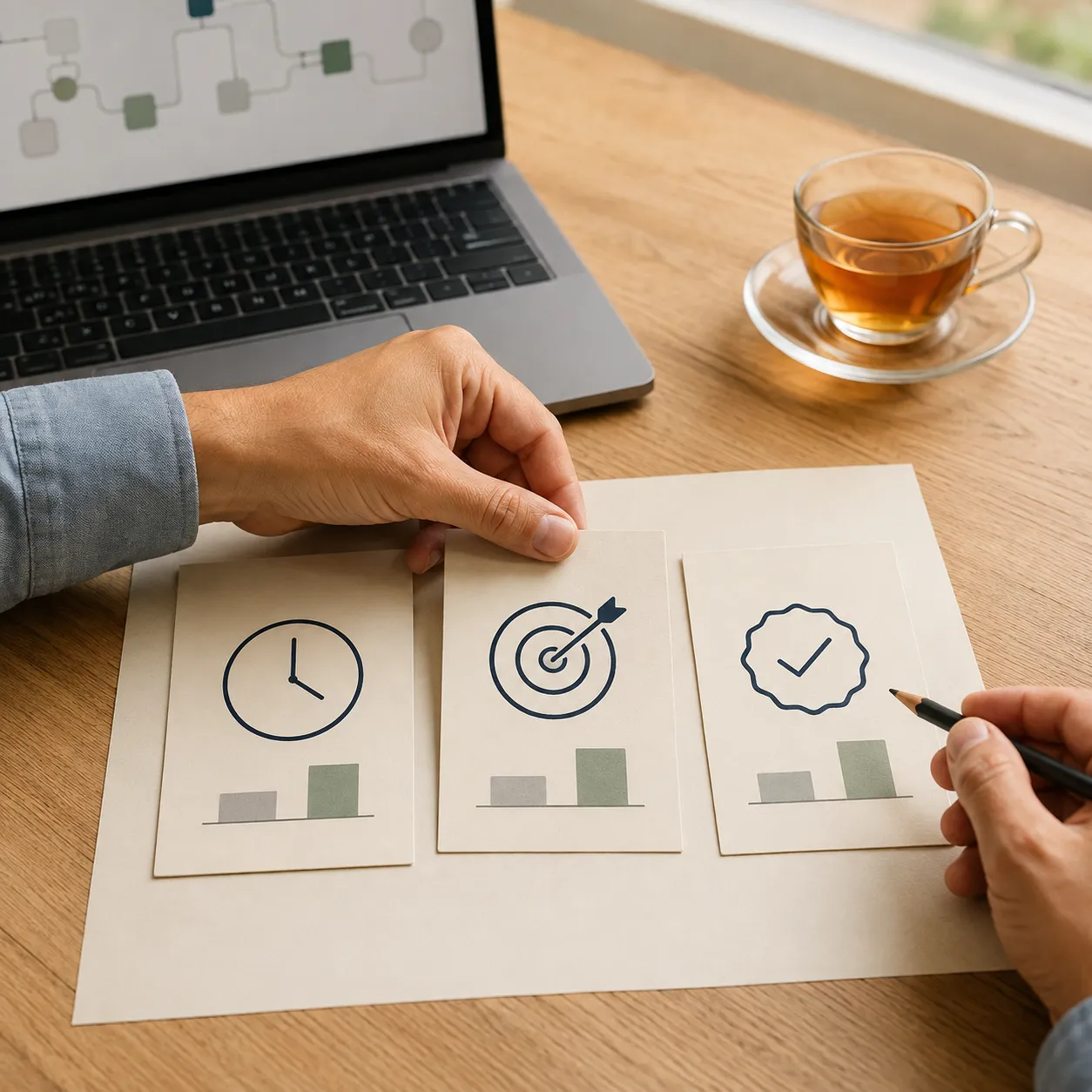 KPI cards for efficiency, effectiveness and quality beside a laptop workflow