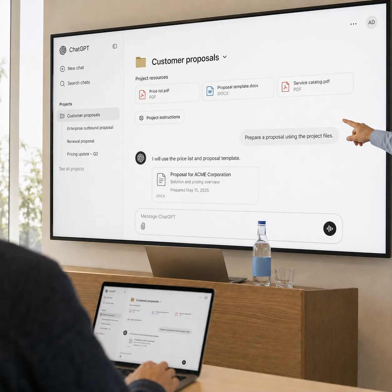 Team training in building a ChatGPT workflow, shown on a laptop and wall screen