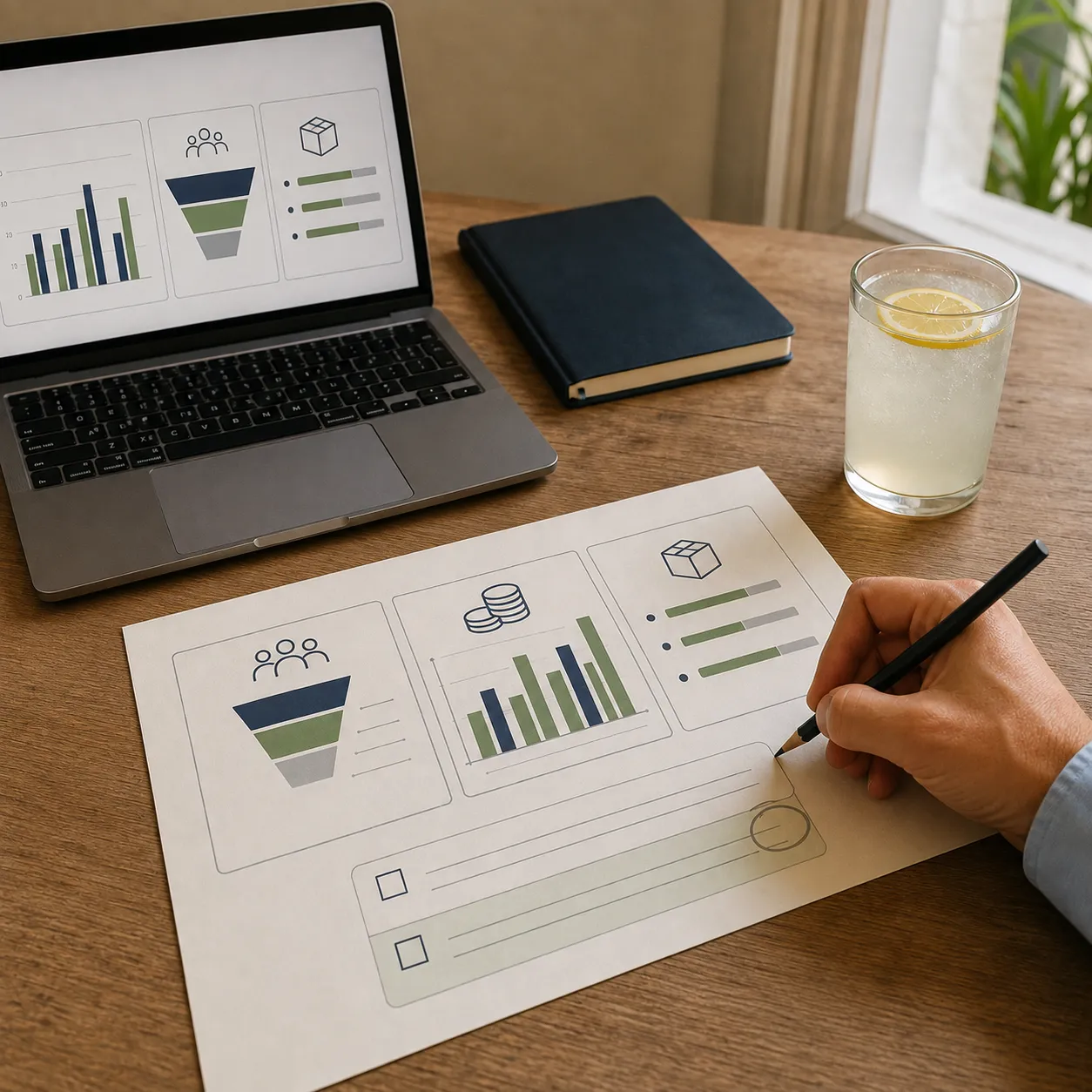 A business dashboard on a laptop beside an annotated paper with charts