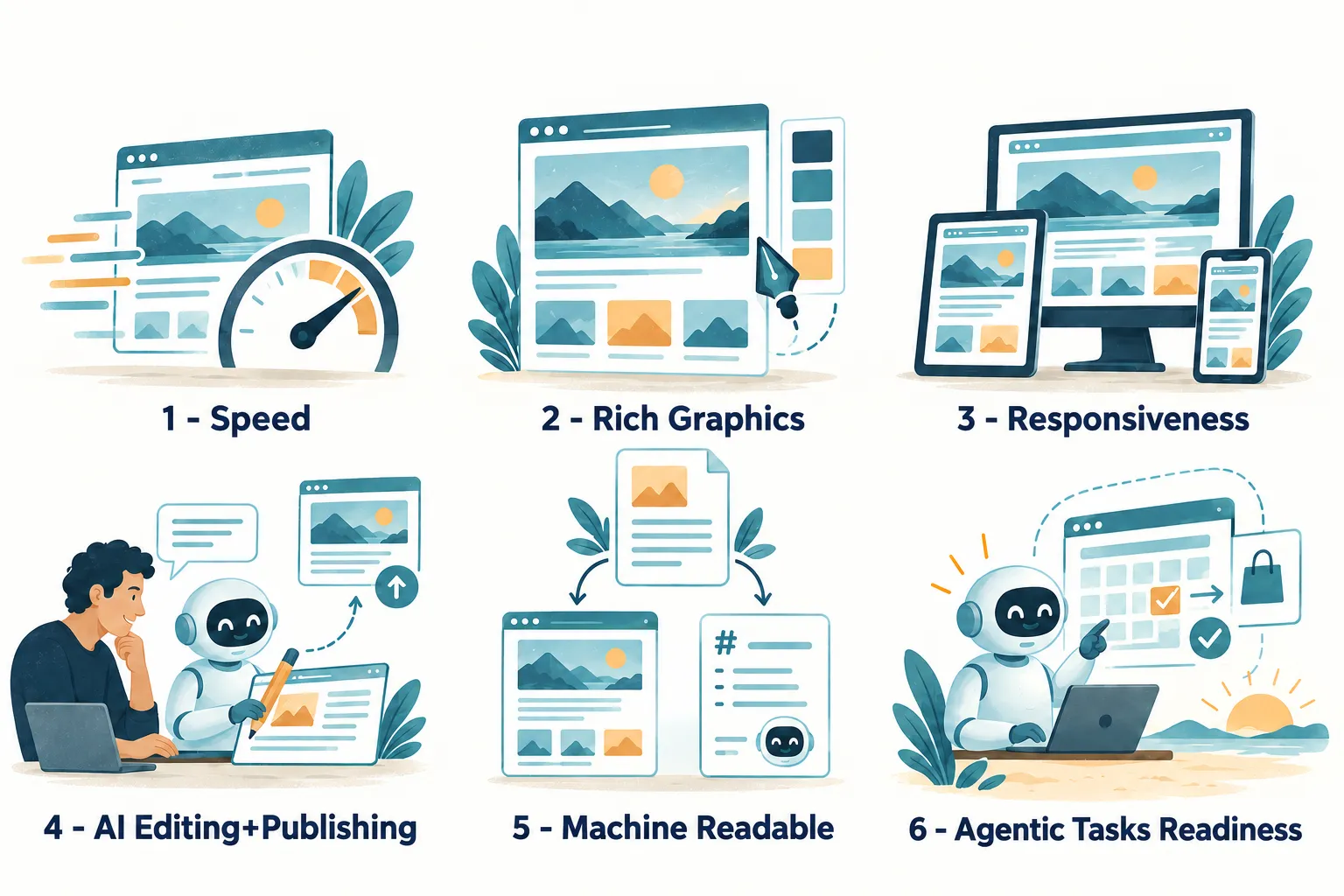 Six illustrated requirements for the next generation of websites: speed, rich graphics, responsiveness, AI editing and publishing, machine-readable content, and readiness for agent tasks.