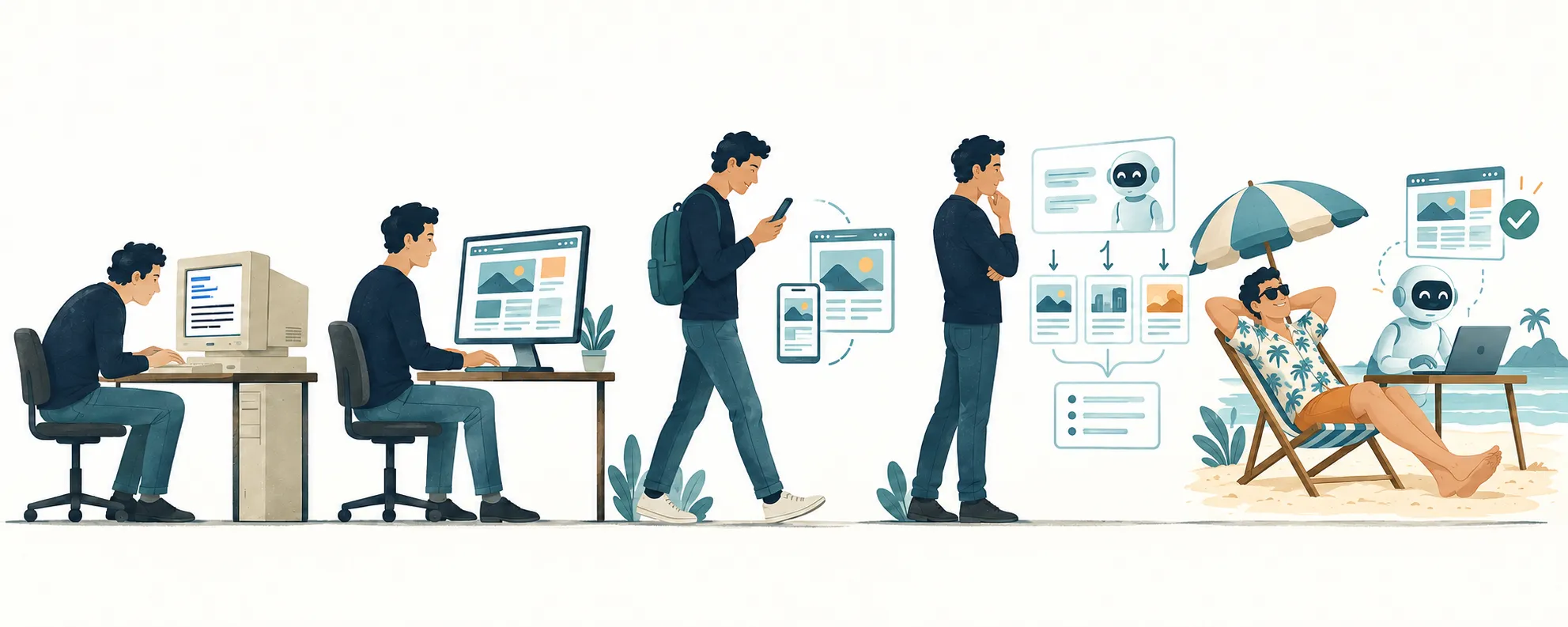 Five stages of website use: typing on an old desktop computer, working on a modern designed site, browsing on a phone, considering how AI reads the site, and relaxing while an AI assistant publishes an approved page.