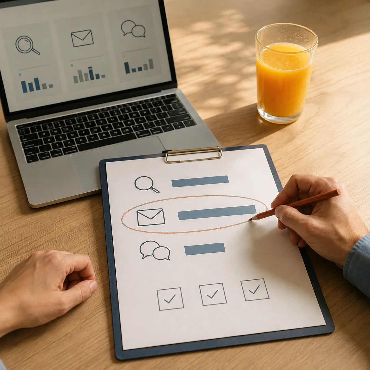 A marketing dashboard on a laptop beside an annotated channel report