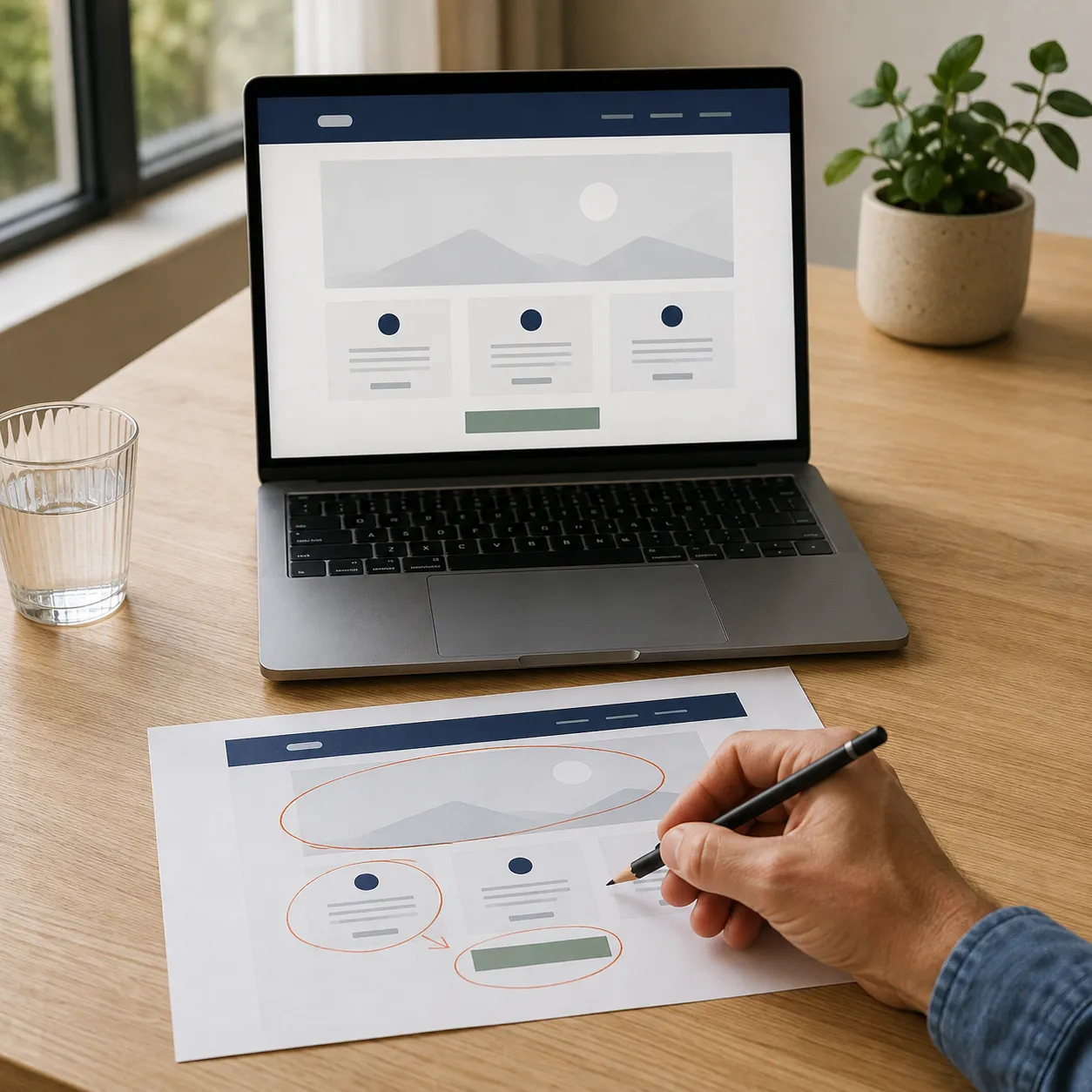 A website structure sketched on paper beside a laptop